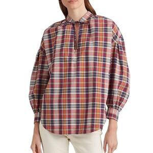 Lauren Ralph Lauren Cotton Madras Tie-Neck Blouse New Size XLarge
